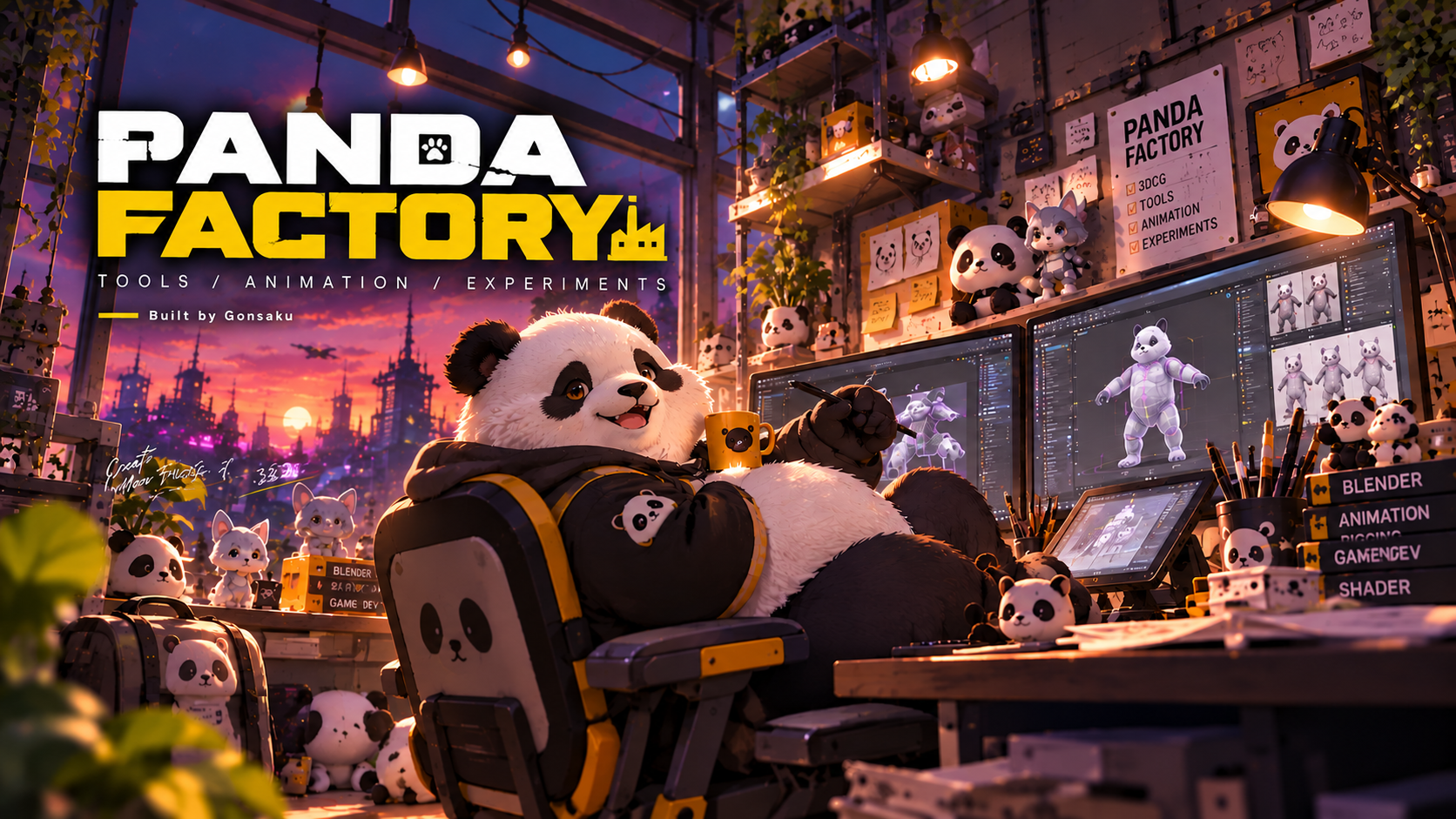 Panda Factory。黄昏のCG工房でパンダがくつろぎ、モニターにキャラクター制作画面が並ぶ。Tools / Animation / Experiments — Built by Gonsaku。